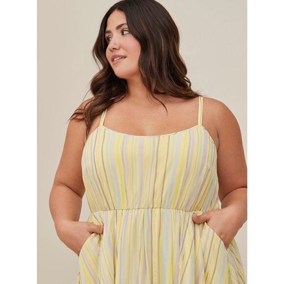 NWT Torrid Midi Chiffon Pleated Sleeveless Dress in Yellow Stripe, Size 3X 22-24 - Picture 6 of 11